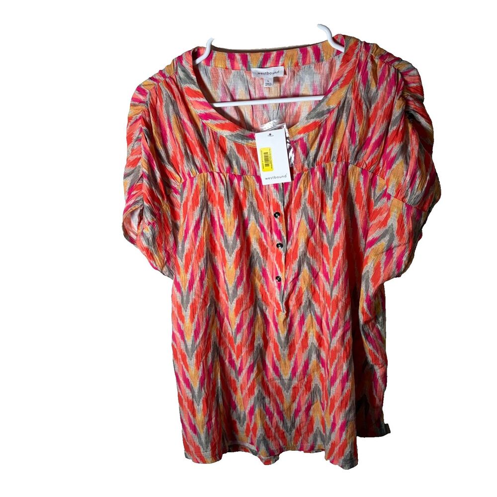 Westbound Blouse Women's Large Round Neck Popover Short Sleeve Colorful NWT